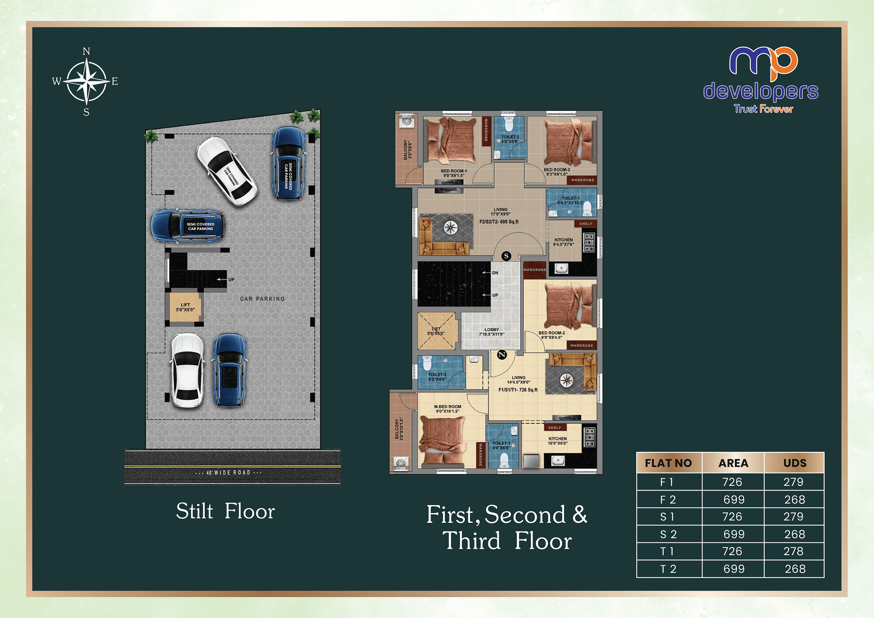 MP Green Bay – 2 BHK Unit Plan, 699 to 726 sq.ft