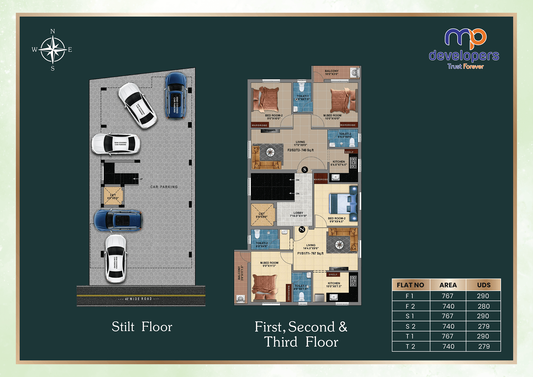 MP Green Bay – 2 BHK Unit Plan, 740 to 767 sq.ft