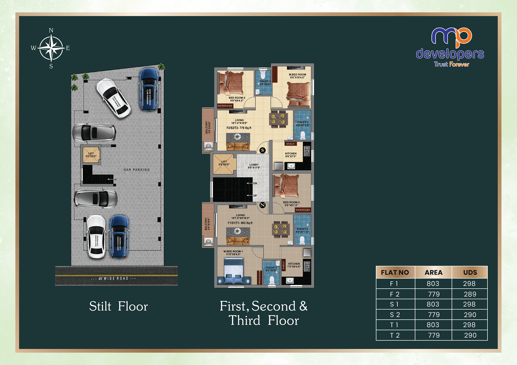 MP Green Bay – 2 BHK Unit Plan, 779 to 803 sq.ft