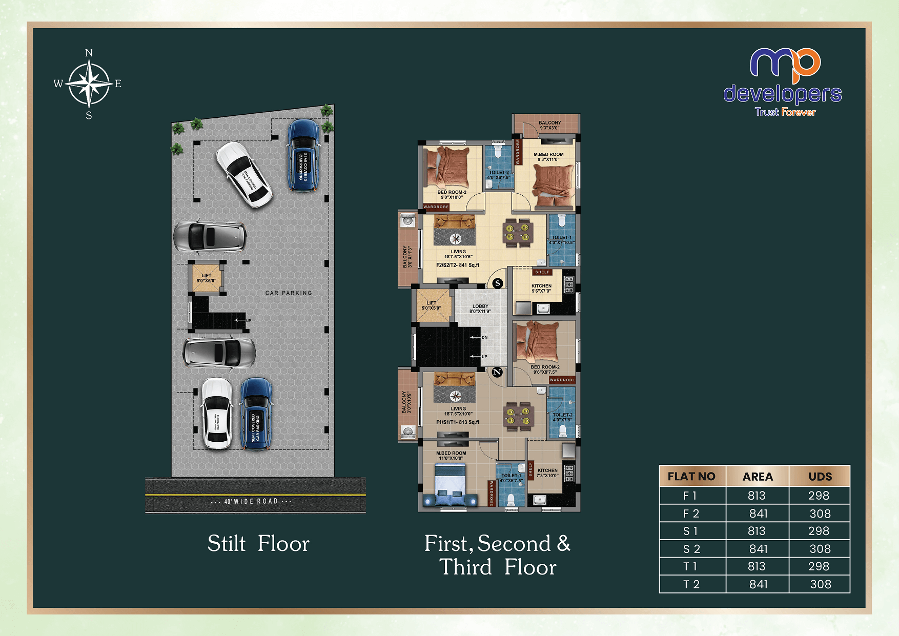 MP Green Bay – 3 BHK Unit Plan, 813 to 841 sq.ft
