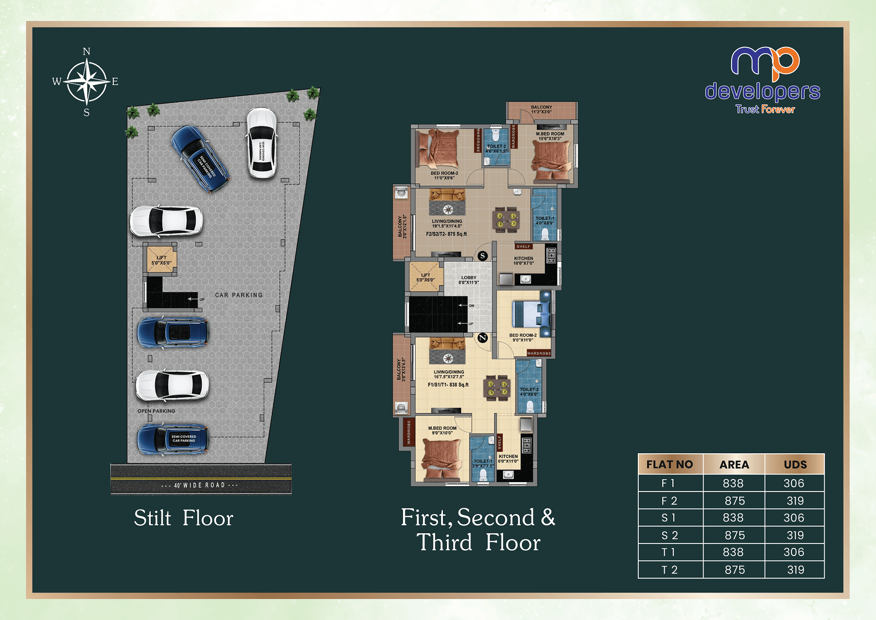 MP Green Bay – 3 BHK Unit Plan, 838 to 875 sq.ft